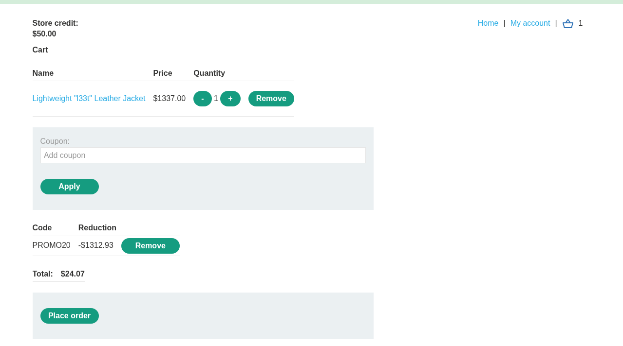 Panier du site marchand avec le code promo appliqué plusieurs fois successivement, montant final dérisoire par rapport au prix initial