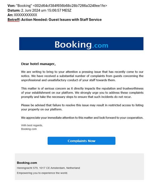 Exemple anonymisé d'un faux mail Booking demandant validation d'une réservation urgente