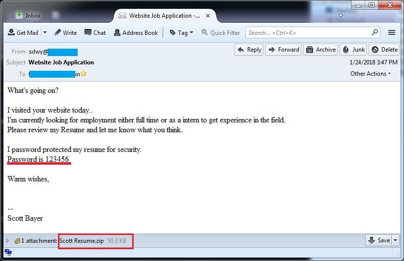 Exemple d'un CV Word piégé envoyé à un hôtel en pleine campagne de recrutement saisonnier