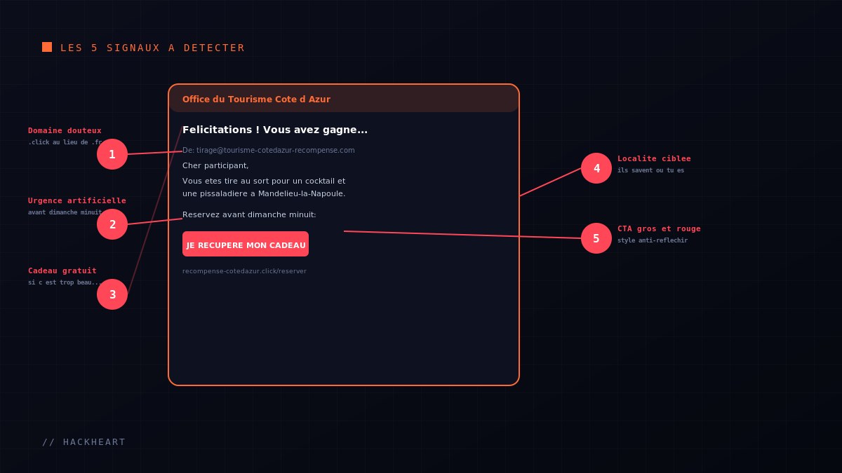 Décortique du mail de phishing avec 5 signaux annotés en rouge